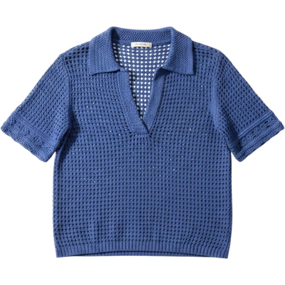 Blue Open Knit Crochet Collared Top Womens Small Cotton Beach Coastal Sweater